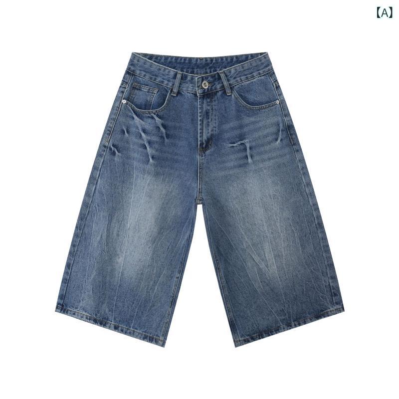 ハーフパンツ メンズ レディース デニム ジーンズ 七分丈 ジーパン 短パン クロップドパンツ 裂け目加工 亀裂模様 落書き風 アメリカン レトロ ルーズ ゆったり 直筒 ワイドパンツ ボトムス 男女兼用 春夏 秋 カジュアル ブルー