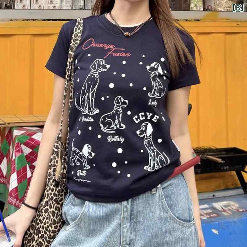 Tシャツ カットソー レディース 半袖 コットン ダルメシアン 犬 柄物 スリム 着痩せ クルーネック カジュアル トップス 旅行 お出かけ デート ホワイト 春 夏 astershop-10759413 アスターショップ サンプル画像2