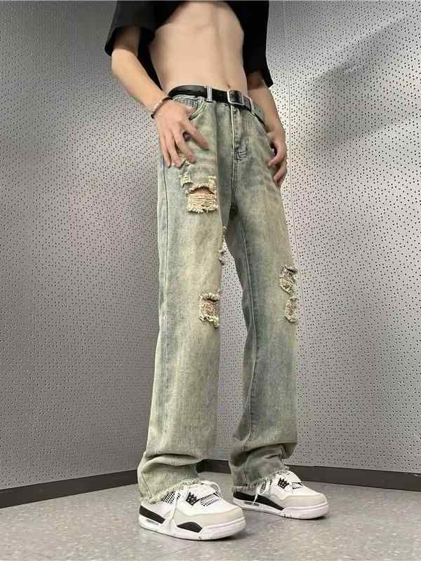 デニムパンツ メンズ 男性 ダメージ ジーンズ ヴィンテージ風 ジーパン ボトムス ズボン ストレート ルーズ ゆったり ワイド カジュアル 普段使い お出かけ 旅行 おしゃれ かっこいい 春 夏 秋 冬 オールシーズン