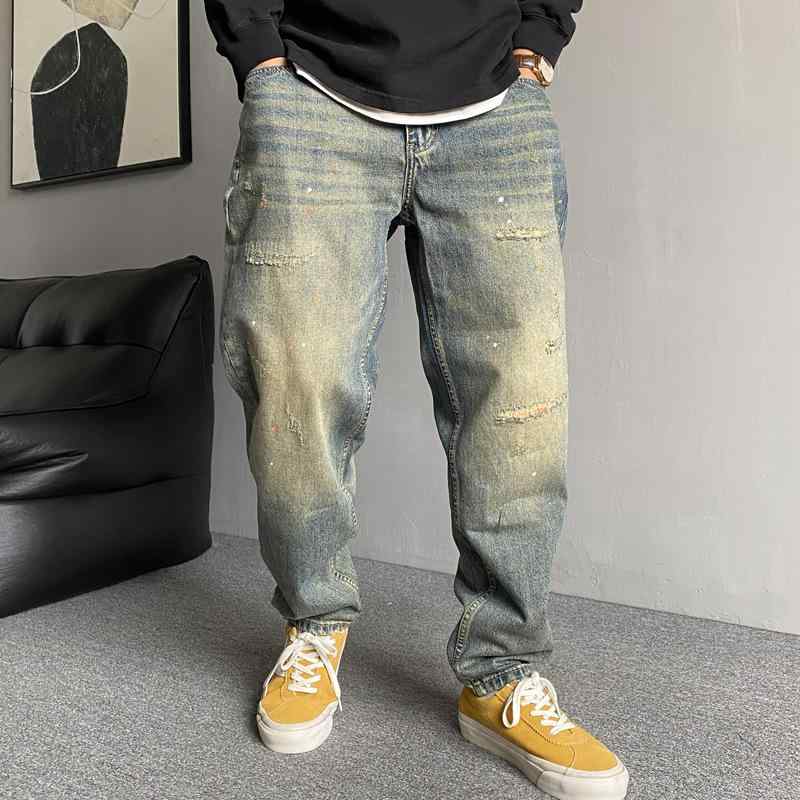 ・カテゴリ: 牛仔パンツ・スタイル: アメカジ・シルエット: ストレート・フィット感: ルーズフィット・加工: ウォッシュ加工、ドリップペイント、ストーンウォッシュ・パンツ丈: ロングパンツ・ウエスト位置: ミドルウエスト・生地の厚さ: 薄手・素材: 綿10%・着用シーン: スポーツ・伸縮性: なし・裾の仕様: ストレート・カラー: ブルー・サイズ展開: 28（目安体重47.5-55kg）、29（目安体重55-60kg）、30（目安体重60-65kg）、31（目安体重65-70kg）、32（目安体重70-75kg）、33（目安体重75-80kg）、34（目安体重80-85kg）、36（目安体重85-92.5kg）、38（目安体重92.5-100kg）、40（目安体重100-110kg）・対象性別: メンズ