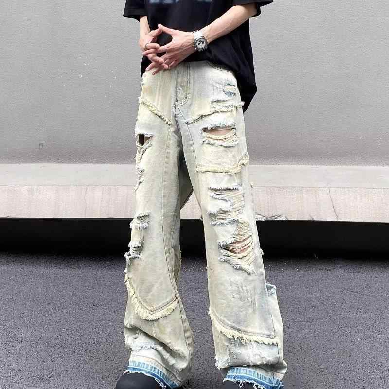 デニムパンツ メンズ ゆったり ワイド デニム ジーンズ ストリート ジーパン ボトムス ロングパンツ カジュアル ヴィンテージ風 ダメージ加工 ウォッシュ加工 色落ち 破れ加工 コットン 厚手 オールシーズン 20代 通学 旅行 青