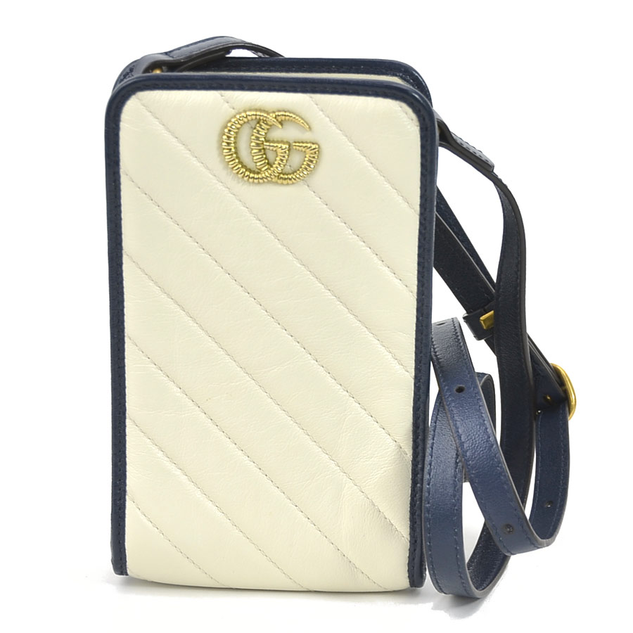 グッチ GUCCI ポーチ スマホケース GGマーモント レザー ネイビー×アイボリー レディース 627369 送料無料【中古】 h29777g