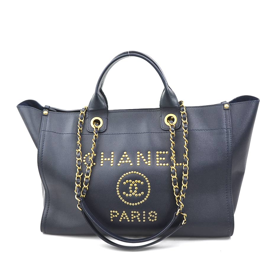 シャネル CHANEL ハンドバッグ ショルダーバッグ ドーヴィル レザー/メタル ネイビー/ゴールド レディース 送料無料【中古】 e57645a