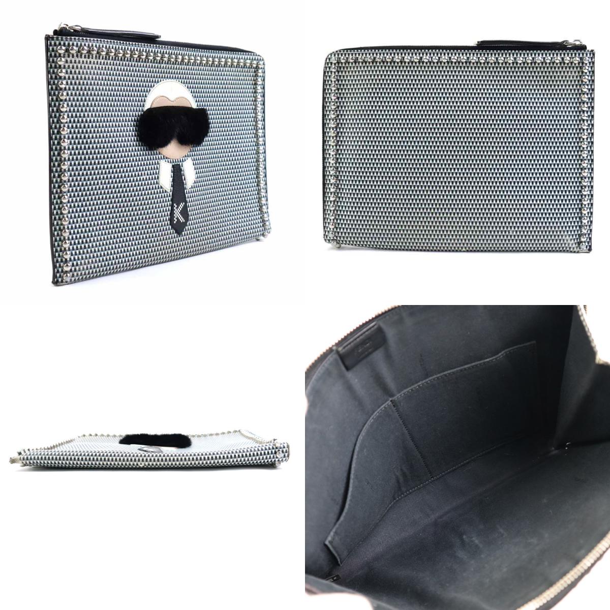 フェンディ FENDI クラッチバッグ レザー/メタル/ファー ブラック×ホワイト×グレー ユニセックス 8M0370-OYF 送料無料【中古】 r9913f