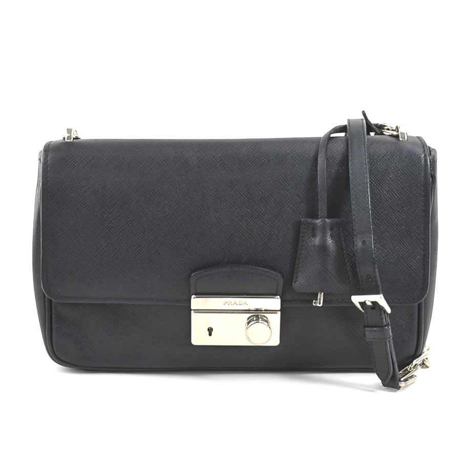 プラダ PRADA 斜め掛けショルダーバッグ レザー/メタル ブラック/シルバー レディース 送料無料【中古】 e58159a