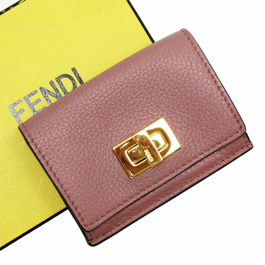 フェンディ FENDI 三つ折り財布 レザー ピンクグレージュ ゴールド レディース 送料無料【中古】 w0176a