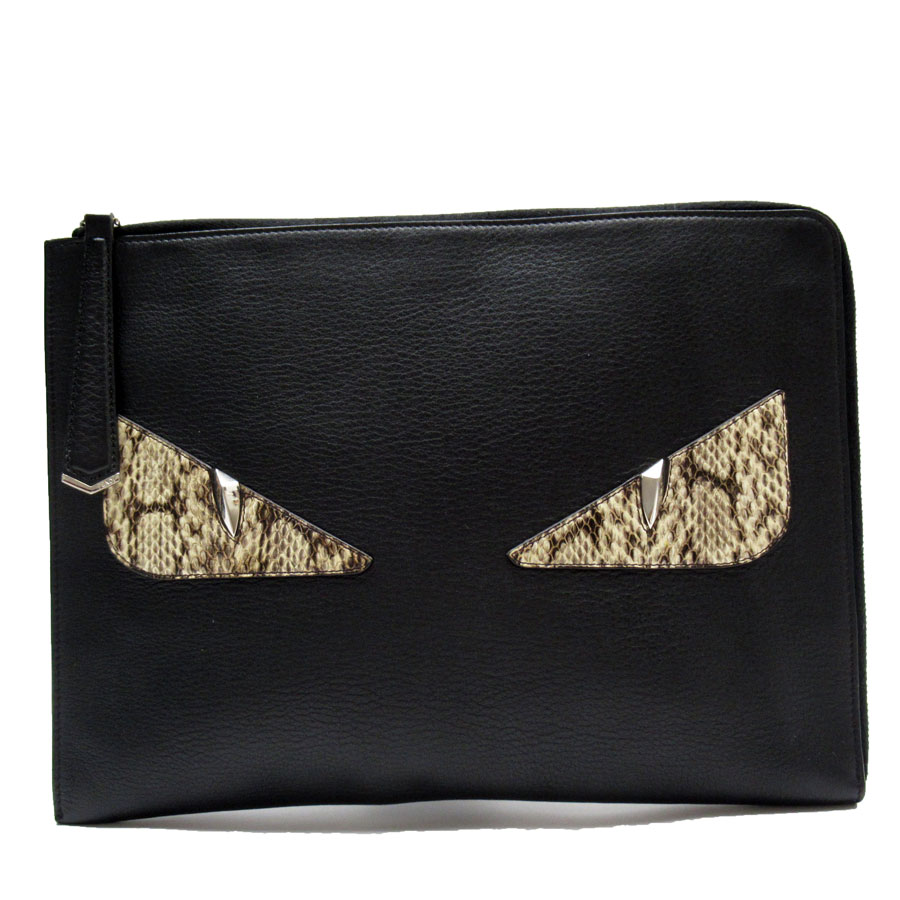 フェンディ FENDI クラッチバッグ モンスター レザー ブラック/ベージュブラウン シルバー ユ ...