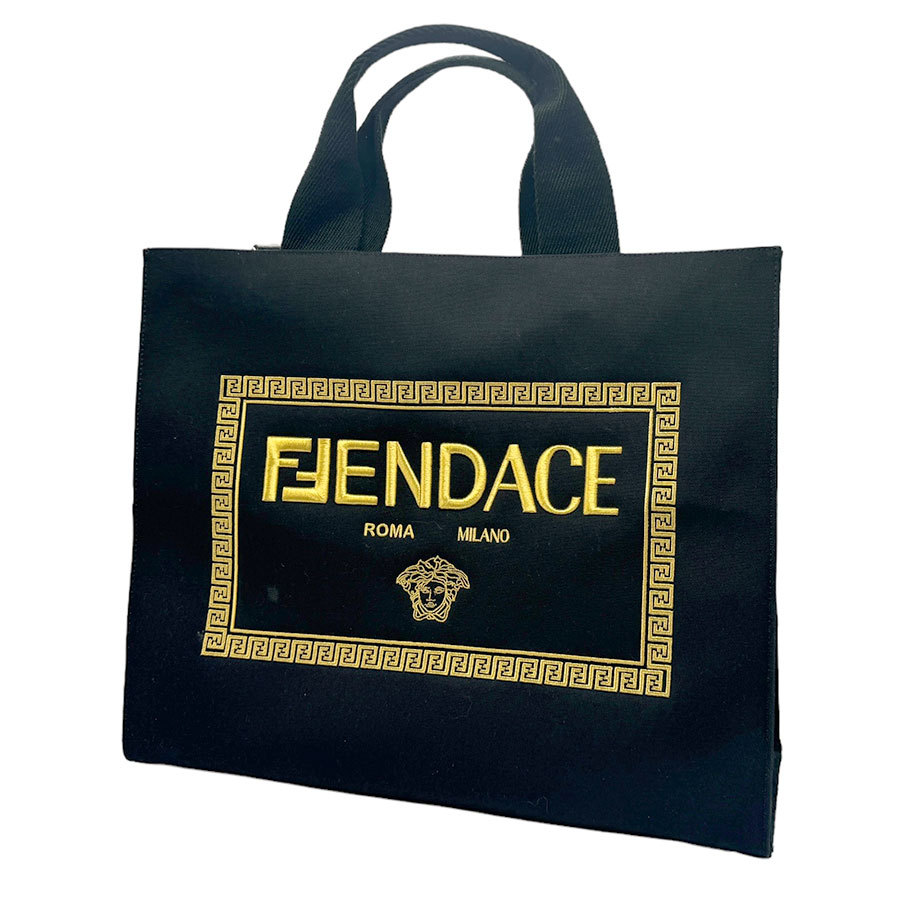 フェンディ FENDI ハンドバッグ ショルダーバッグ トートバッグ FENDI x VERSACE FENDACE キャンバス ブラック/ゴールド メンズ 送料無料【中古】 n0056