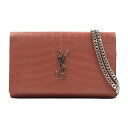 サンローラン SAINT LAURENT ウォレットチェーン 斜め掛けショルダーバッグ 型押しレザー ピンクブラウン シルバー レディース 送料無料【中古】 e...