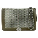 シャネル CHANEL チェーンウォレット レザー/ラインストーン カーキ シルバー レディース 送料無料【中古】 n0928