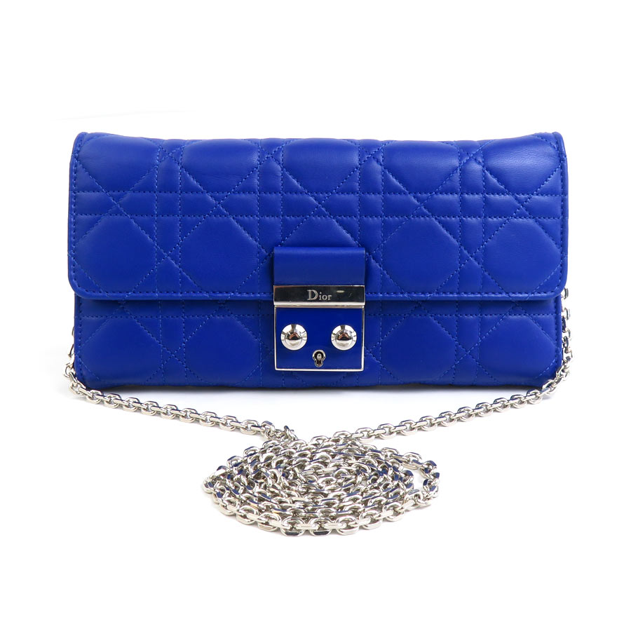 クリスチャンディオール Christian Dior ウォレットチェーン カナージュ レザー ブルー シルバー レディース 送料無料【中古】 e60064g