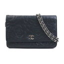 シャネル CHANEL ウォレットチェーン 斜め掛けショルダーバッグ カメリア 型押しレザー ブラック シルバー レディース 送料無料【中古】 w1162g