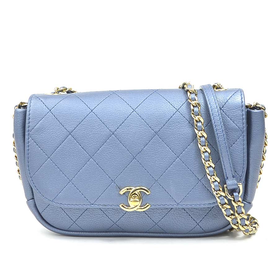 シャネル CHANEL ショルダーバッグ レザー メタリックブルー ゴールド レディース 送料無料【中古】 90206g(4)