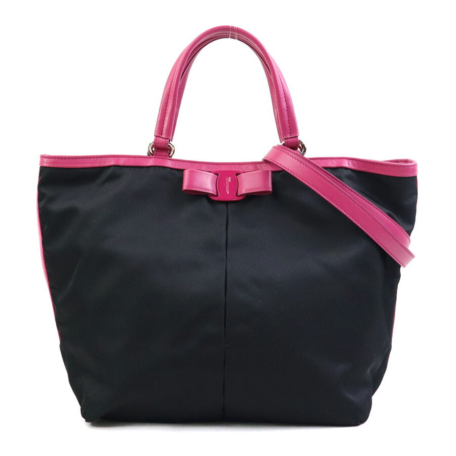 樂天商城 - サルヴァトーレフェラガモ Salvatore Ferragamo ハンドバッグ ショルダーバッグ ヴァラリボン ナイロン/レザー ブラック×ピンク レディース 送料無料【中古】 h31963a