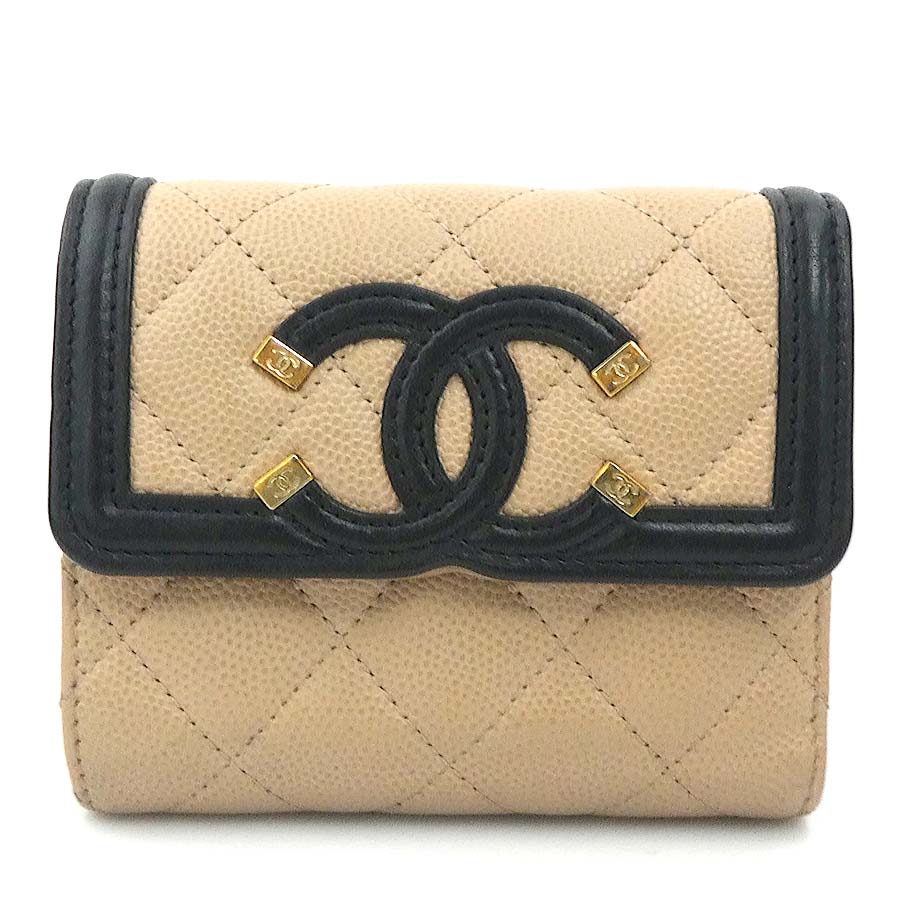 樂天商城 - シャネル CHANEL 三つ折り財布 CCフィリグリー キャビアスキンレザー ベージュ/ブラック レディース 送料無料【中古】 r11093a
