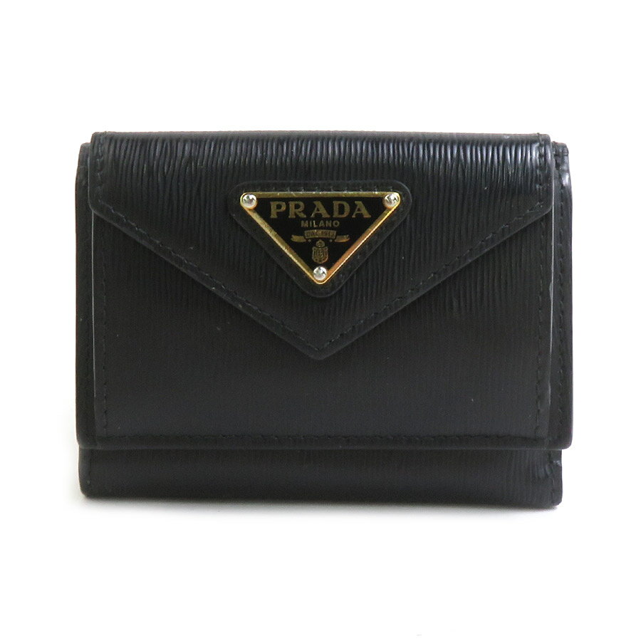 B, F, H, J, P, W - プラダ PRADA 三つ折り財布 レザー ブラック ゴールド レディース 送料無料【中古】 e61864j