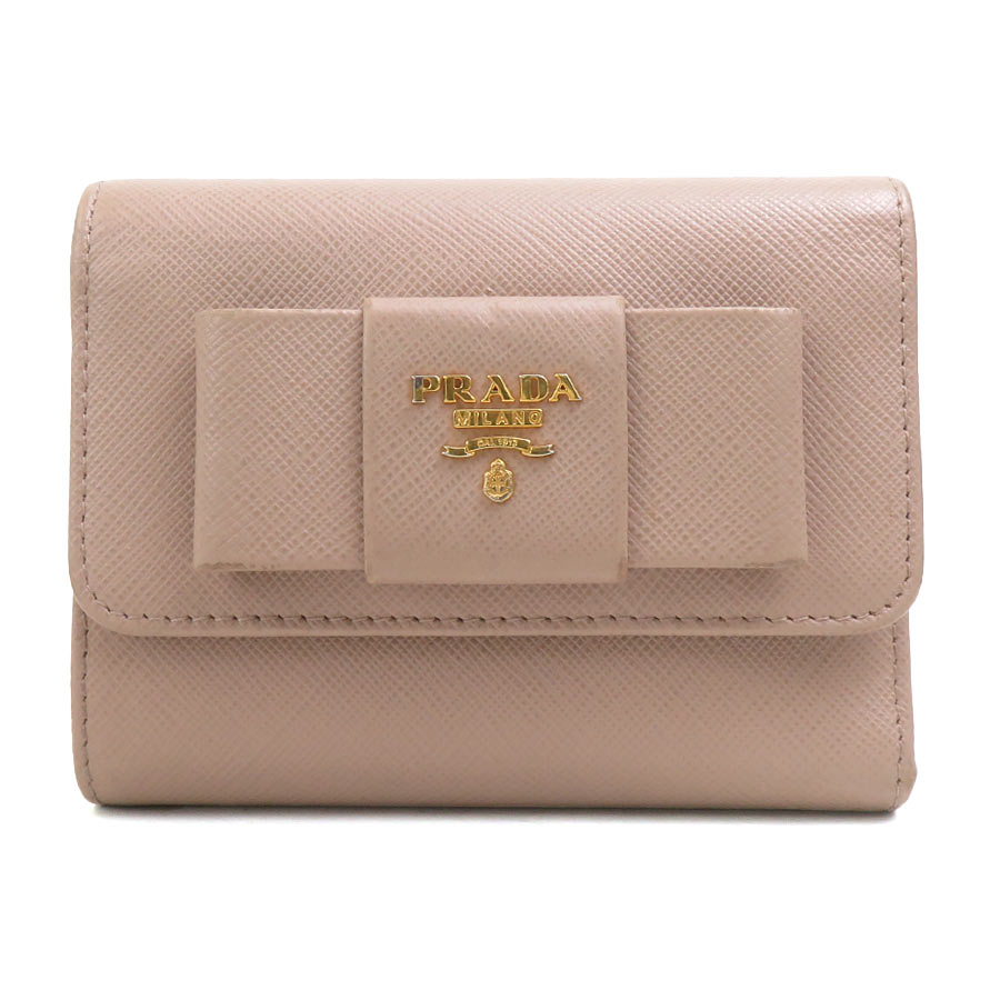 B, F, H, J, P, W - プラダ PRADA 三つ折り財布 レザー ベージュ レディース 送料無料【中古】 r11178a