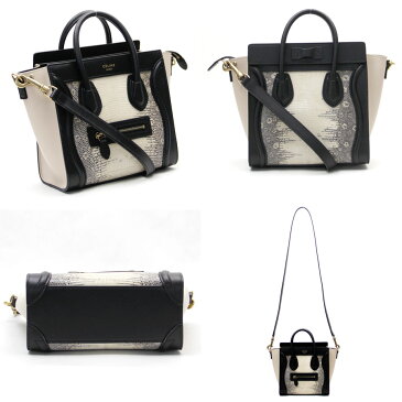 【未使用】【新品】セリーヌ CELINE 2Wayバッグ ラゲージ ナノショッパー ベージュxブラック リザードxレザー ハンドバッグ ショルダーバッグ レディース 新品送料無料 - b10087