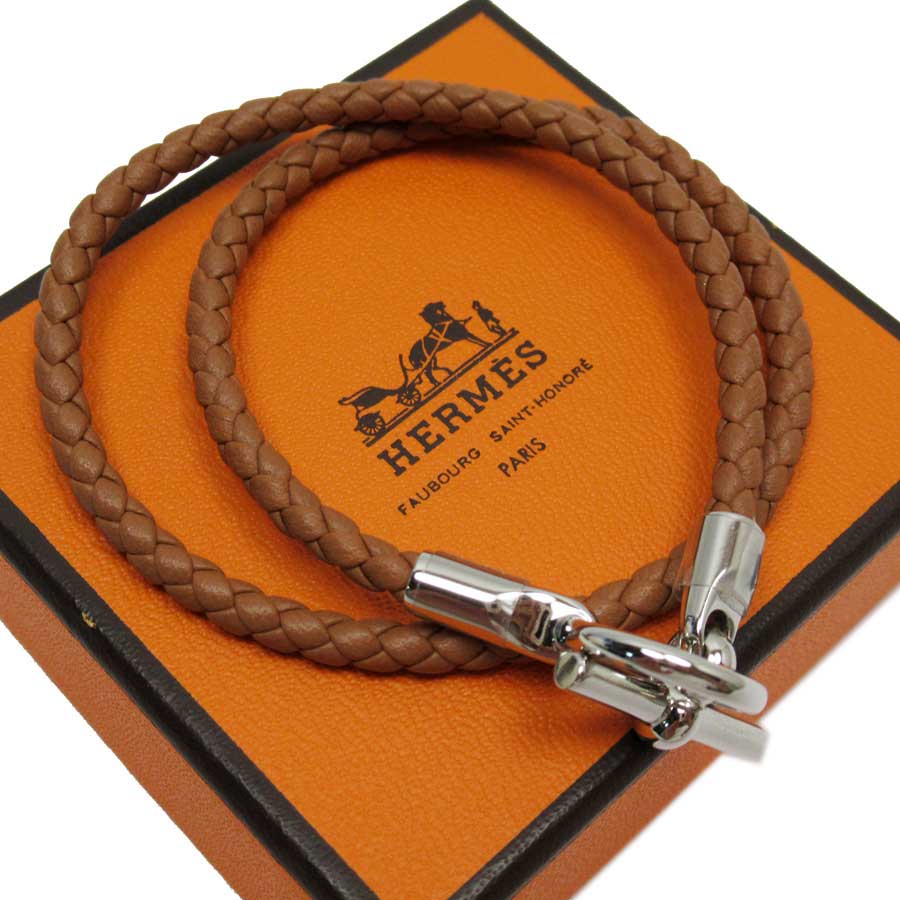 エルメス HERMES ブレスレット グレナン ドゥブルトゥール ブラウン系xシルバー レザーx金属素材 【中古】【定番人気】 - 53169fのサムネイル