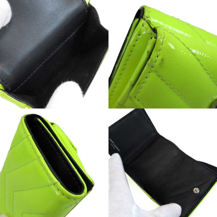 サンローラン SAINT LAURENT 三つ折り財布 モノグラム・サンローラン ネオンイエローxブラック パテントレザーxレザー 【中古】【定番人気】 - h27200a