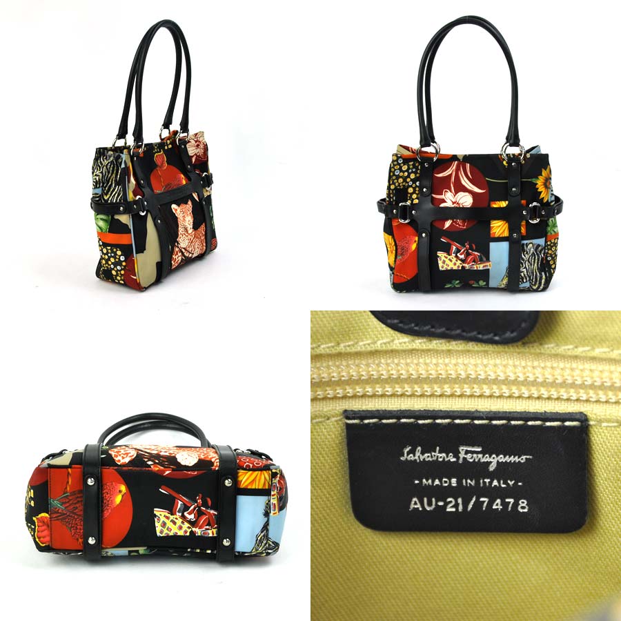 サルヴァトーレフェラガモ ショルダーバッグ トートバッグ ブラックxマルチカラー コーティングキャンバスxレザー Salvatore Ferragamo レディース 【中古】【おすすめ】 - x1813