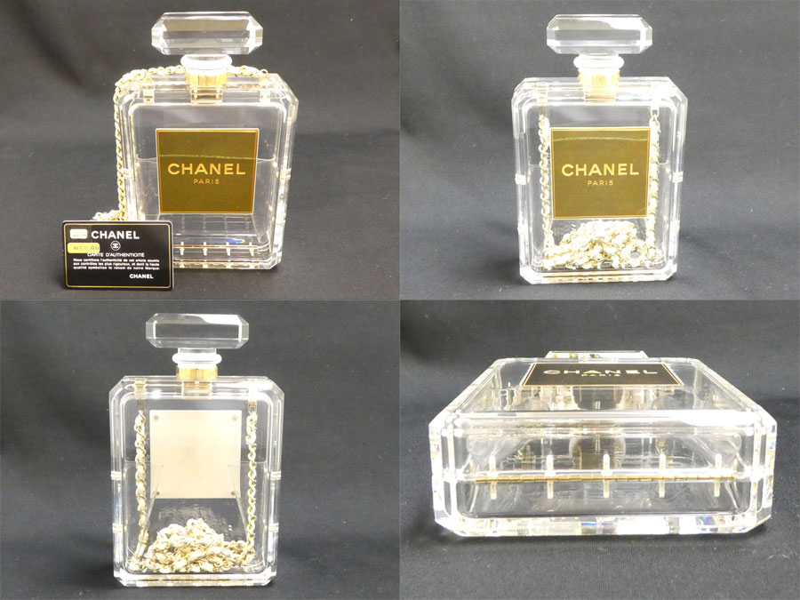 【美品】シャネル CHANEL ショルダーバッグ Minaudiere No. 5 香水ボトル パーフュム クリアxホワイトxゴールド アクリル樹脂（レジン）xプレキシグラス クラッチバッグ 送料無料 【中古】 - e38291