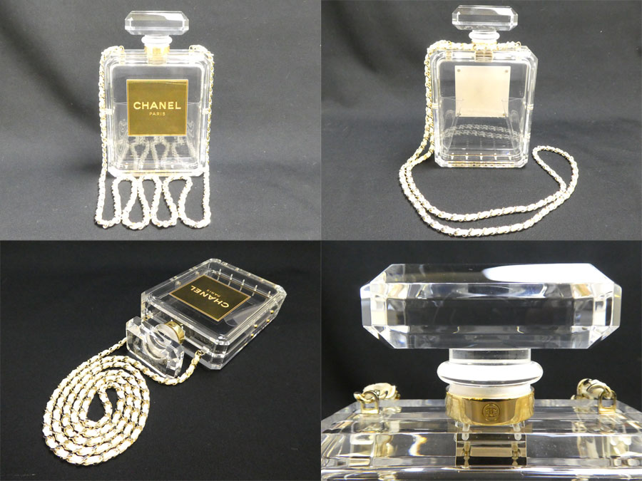 【美品】シャネル CHANEL ショルダーバッグ Minaudiere No. 5 香水ボトル パーフュム クリアxホワイトxゴールド アクリル樹脂（レジン）xプレキシグラス クラッチバッグ 送料無料 【中古】 - e38291