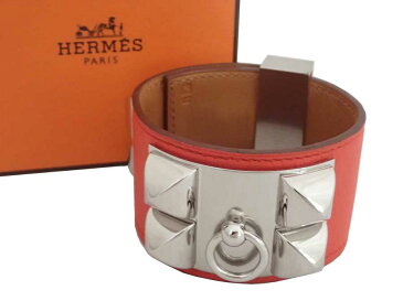 エルメス HERMES バングル コリエ ド シアン オレンジxシルバー金具 スイフトレザー ブレスレット 太ブレス レディース メンズ 【中古】【おすすめ】 - e39399