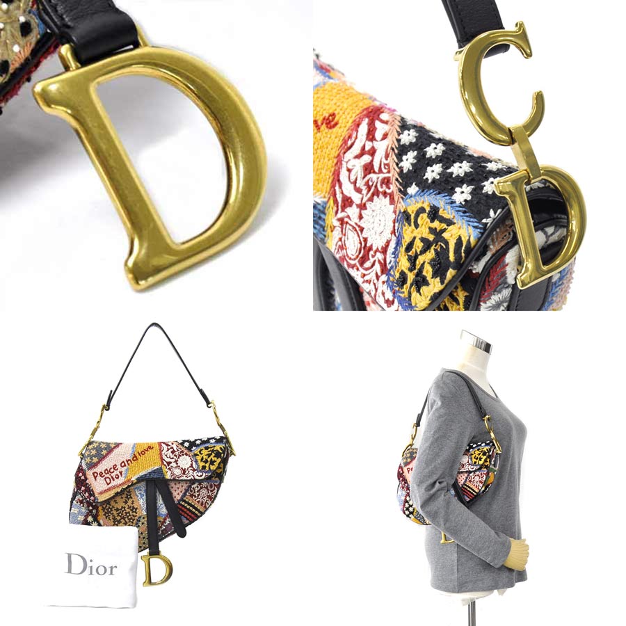 【美品】クリスチャンディオール ショルダーバッグ サドル バッグ マルチカラー コットンキャンバスxレザーxビーズ Christian Dior レディース 値下げ商品【中古】 - d96771