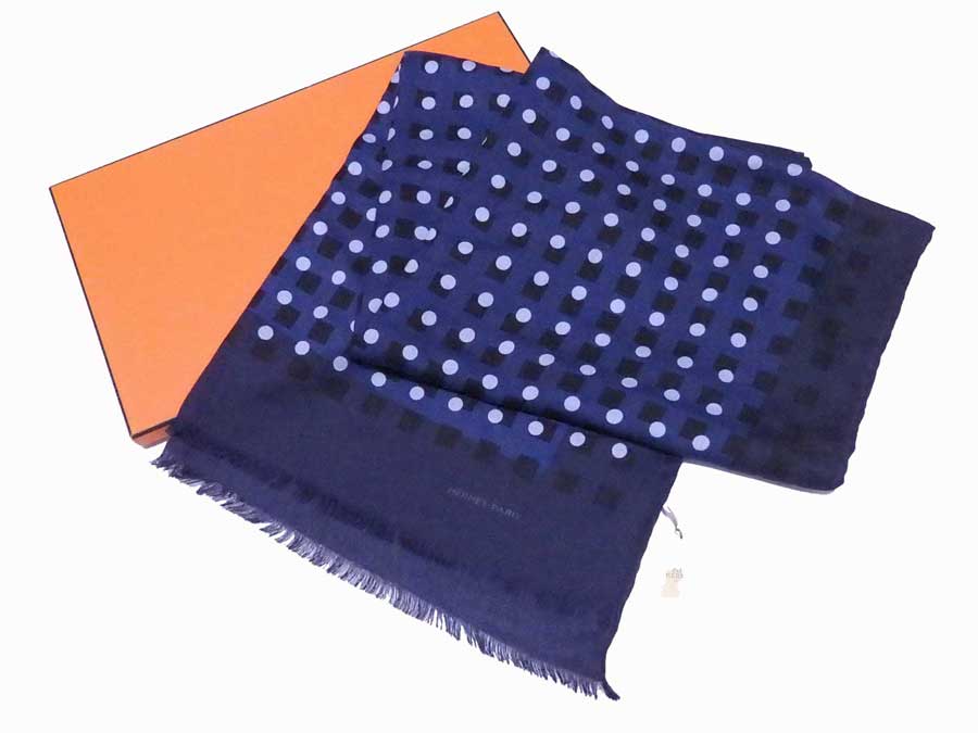 エルメス HERMES ショール ストール スカーフ ネイビーxブラックxブルー 70％ カシミヤx30％ シルク レディース 送料無料【中古】【おすすめ】 - e52862g