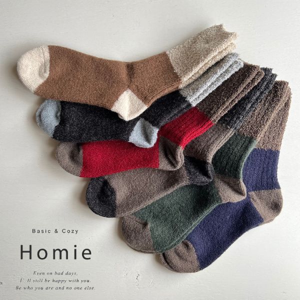靴下レディース 暖かい Homie スウィッチングカラーソックス H041Homie 日本製 HEAVENLY アクリル ウール ソックス リブ編み ブークレ ショートかわいい おしゃれ