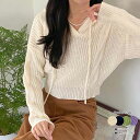 【メール便送料無料】かわいいフード付きケーブルニット 長袖 パーカーニット クロップド丈 暖かい 秋 冬 ニットT Vネック レディース 長袖 ニットセーター ...