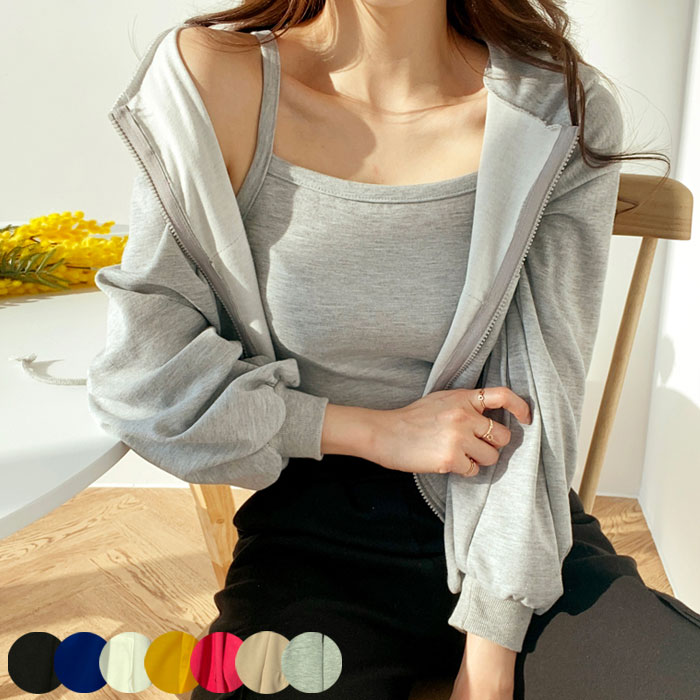 【送料無料】韓国っぽショート丈パーカーキャミソール付きセット レディース パーカー ジップアップ シッパー パーカー セットアップ 春 クロップド パーカー レディース トップス セッのサムネイル