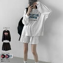 【夏】【在庫限り【メール便送料無料】2点セット ロゴ入り長袖トレーナー+ショートパンツ Y2K セットアップ オーバーフィット 韓国 春夏 アンサンブル 長袖 ...