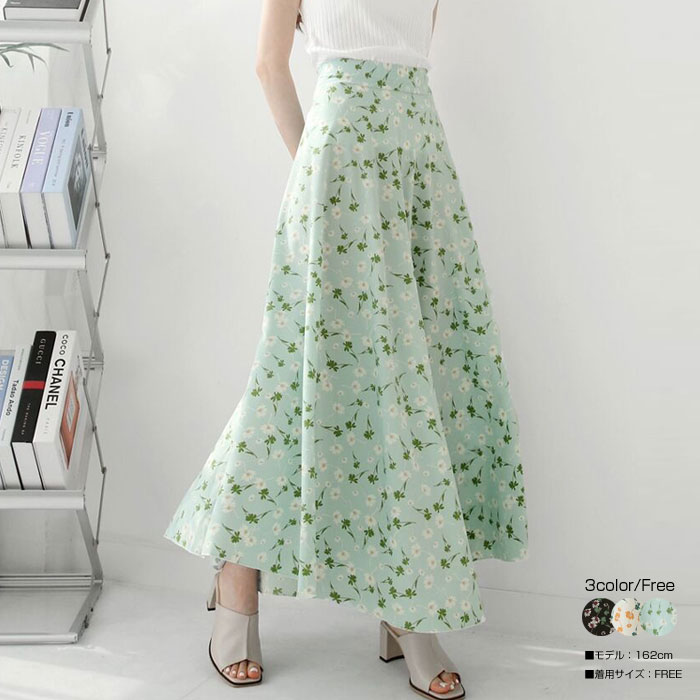 【夏】【在庫限り【メール便送料無料】フラワー柄フレアロングスカート レディース ボトムス ミモレ丈 Aラインスカート 夏スカート ロングスカート フレアスカート ウエストゴム 花柄のサムネイル