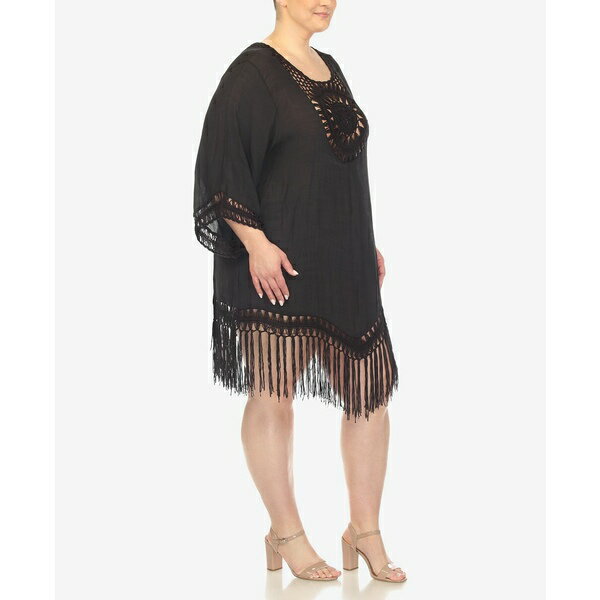 ホワイトマーク レディース ワンピース トップス Plus Size Crocheted Fringed Trim Cover Up Dress Black