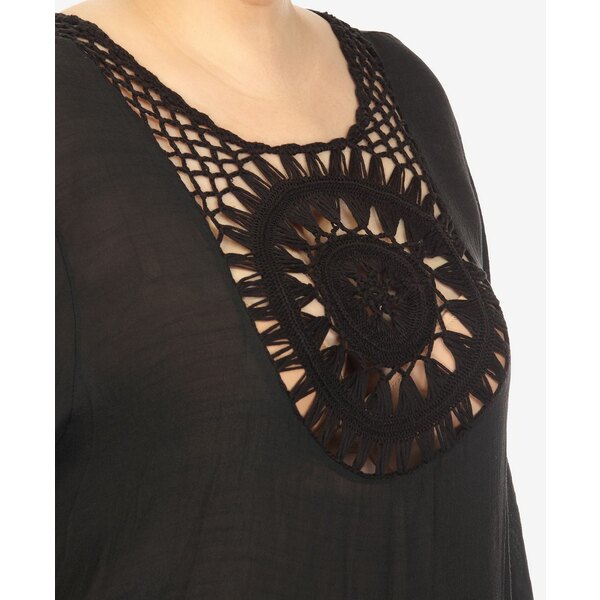 ホワイトマーク レディース ワンピース トップス Plus Size Crocheted Fringed Trim Cover Up Dress Black