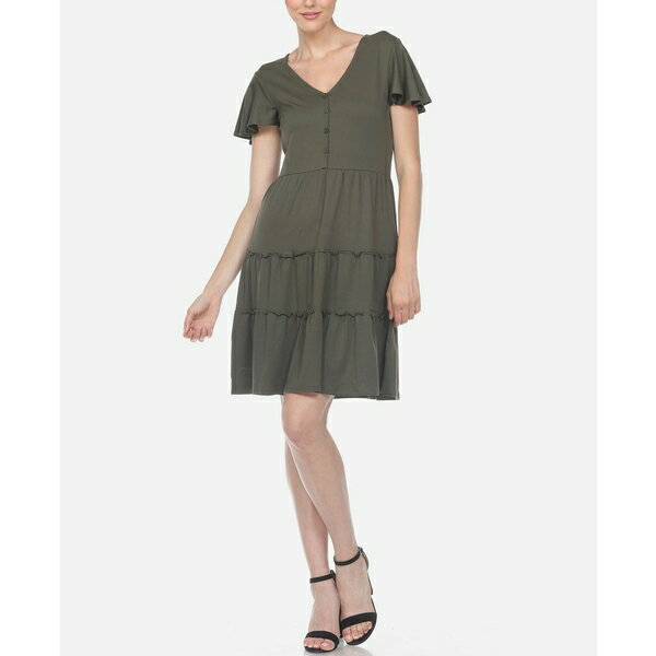 ホワイトマーク レディース ワンピース トップス Women's Short Sleeve V-Neck Tiered Dress Olive