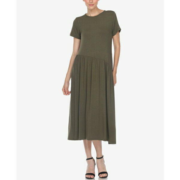 ホワイトマーク レディース ワンピース トップス Women's Short Sleeve Asymmetrical Waist Maxi Dress Olive