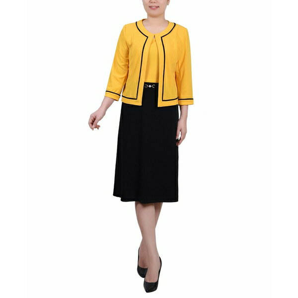 ニューヨークコレクション レディース ワンピース トップス Women's 3/4 Sleeve Dress, 2 Piece Set Black, Lemon