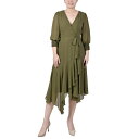 j[[NRNV fB[X s[X gbvX Petite 3/4 Sleeve Belted Chiffon Handkerchief Hem Dress Winter Moss