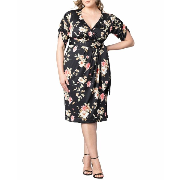  ǥ ԡ ȥåץ Women's Plus Size Eden Midi Faux Wrap Dress with Draped Sleeves Midnight meadow print