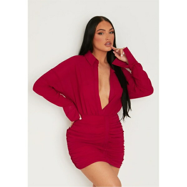 ミッシー エンパイア レディース ワンピース トップス Sleeve Plunge Front Ruched Skirt Mini Dress
