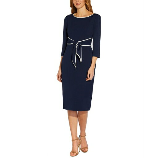アドリアナ パペル レディース ワンピース トップス Women's Tipped Tie-Front 3/4-Sleeve Dress Navy Sateen/Ivory アドリアナ パペル レディース ワンピース トップス Women's Tipped Tie-Front 3/4-Sleeve Dress Navy Sateen/Ivory