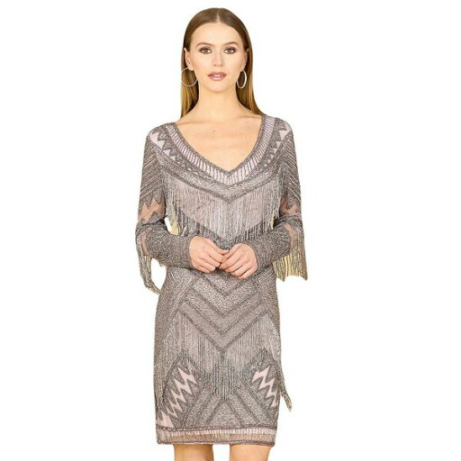 ララ レディース ワンピース トップス Women's Long Sleeve Beaded V-Neck Fringe Cocktail Mini Dress Lilac ララ レディース ワンピース トップス Women's Long Sleeve Beaded V-Neck Fringe Cocktail Mini Dress Lilac