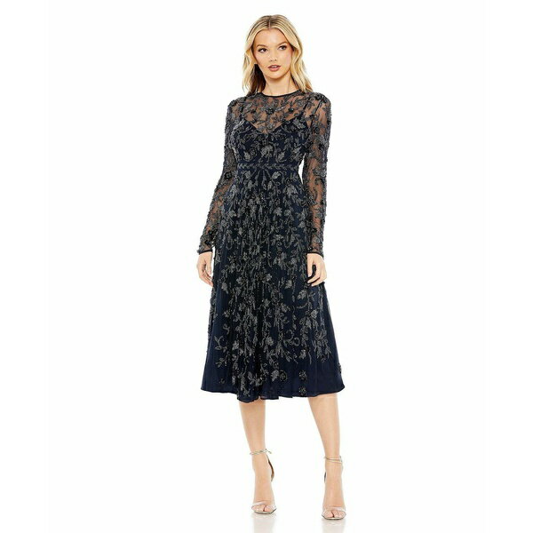 マックダガル レディース ワンピース トップス Women's Beaded Illusion High Neck Long Sleeve A Line Midi Navy