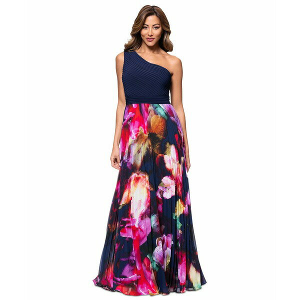 エスケープ レディース ワンピース トップス Petite Printed One-Shoulder Gown Navy Fuschia