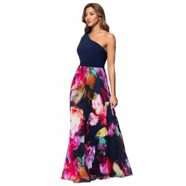 エスケープ レディース ワンピース トップス Petite Printed One-Shoulder Gown Navy Fuschia