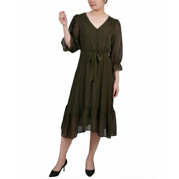 ニューヨークコレクション レディース ワンピース トップス Petite 3/4 Sleeve V-neck Flounced Dress Olive