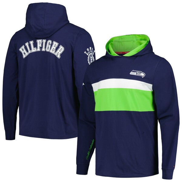 トミー ヒルフィガー メンズ Tシャツ トップス Seattle Seahawks Tommy Hilfiger Morgan Long Sleeve Hoodie TShirt College Navy